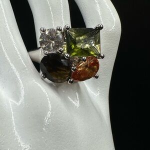 Unmarked Avon Fruit Salad Cocktail Ring Adjustable Band 6-8 Silver Tone Smoky